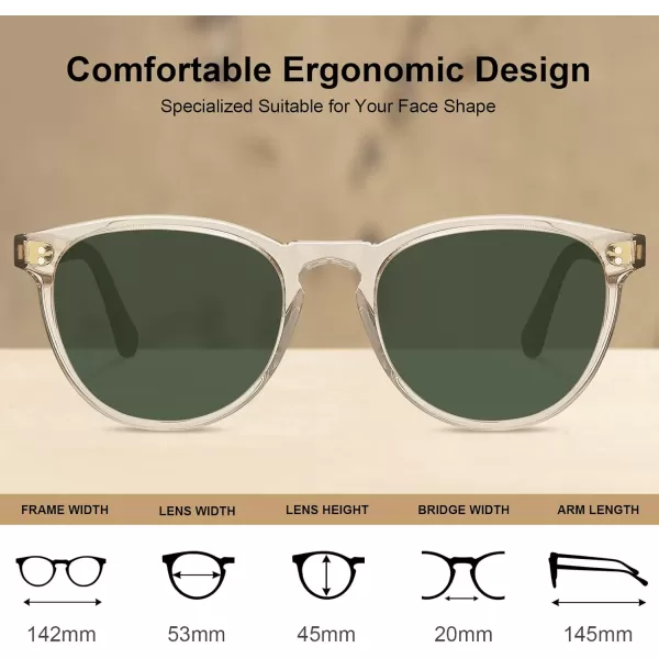 CARFIA Cool Polarized Sunglasses for Men Handcrafted Acetate Frame Trendy Retro Sun Glasses CA23071 Clear Tea Frame Green Lens