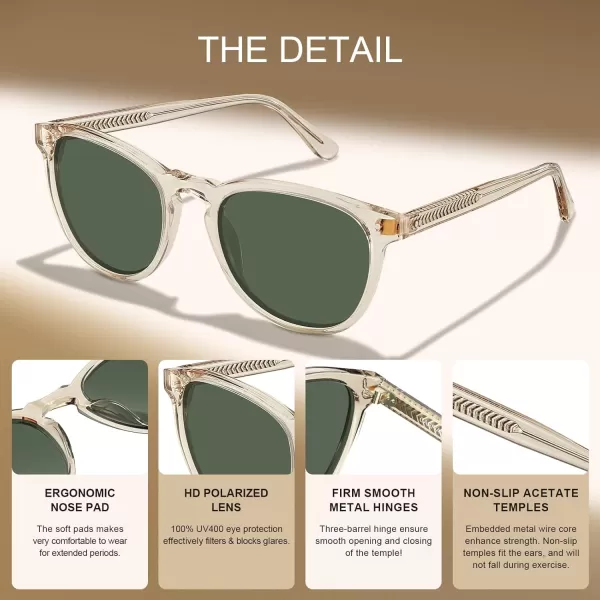 CARFIA Cool Polarized Sunglasses for Men Handcrafted Acetate Frame Trendy Retro Sun Glasses CA23071 Clear Tea Frame Green Lens