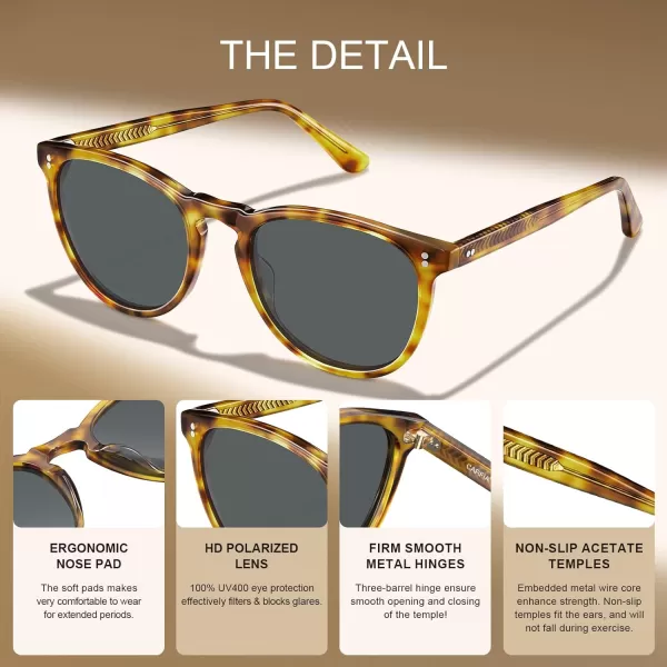 CARFIA Cool Polarized Sunglasses for Men Handcrafted Acetate Frame Trendy Retro Sun Glasses CA230721 Yellow Tortoise Frame Grey Lens