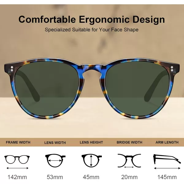 CARFIA Cool Polarized Sunglasses for Men Handcrafted Acetate Frame Trendy Retro Sun Glasses CA23073 Tortoise Frame Green Lens