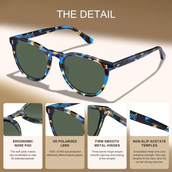 CARFIA Cool Polarized Sunglasses for Men Handcrafted Acetate Frame Trendy Retro Sun Glasses CA23073 Tortoise Frame Green Lens