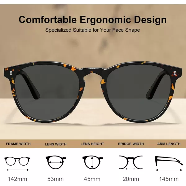 CARFIA Cool Polarized Sunglasses for Men Handcrafted Acetate Frame Trendy Retro Sun Glasses CA23074 Tortoise Frame Grey Lens