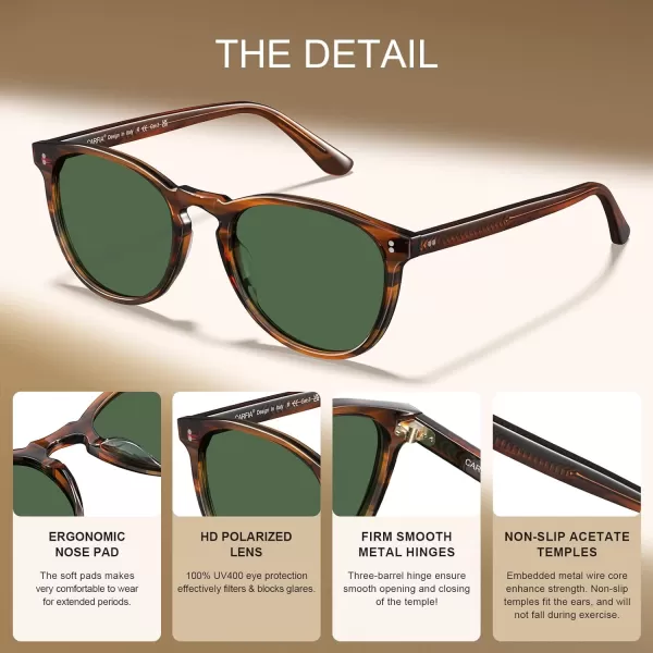 CARFIA Cool Polarized Sunglasses for Men Handcrafted Acetate Frame Trendy Retro Sun Glasses CA23075 Brown Striped Frame Green Lens