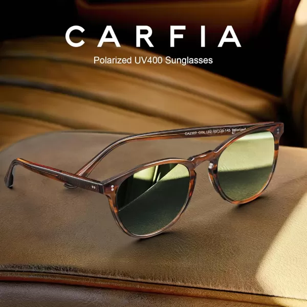 CARFIA Cool Polarized Sunglasses for Men Handcrafted Acetate Frame Trendy Retro Sun Glasses CA23075 Brown Striped Frame Green Lens