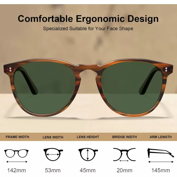 CARFIA Cool Polarized Sunglasses for Men Handcrafted Acetate Frame Trendy Retro Sun Glasses CA23075 Brown Striped Frame Green Lens