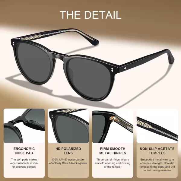 CARFIA Cool Polarized Sunglasses for Men Handcrafted Acetate Frame Trendy Retro Sun Glasses CA23077 Black Frame Grey Lens