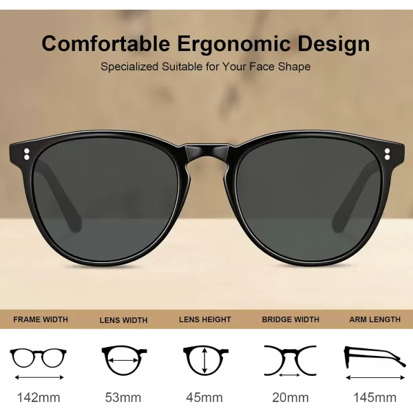 CARFIA Cool Polarized Sunglasses for Men Handcrafted Acetate Frame Trendy Retro Sun Glasses CA23077 Black Frame Grey Lens