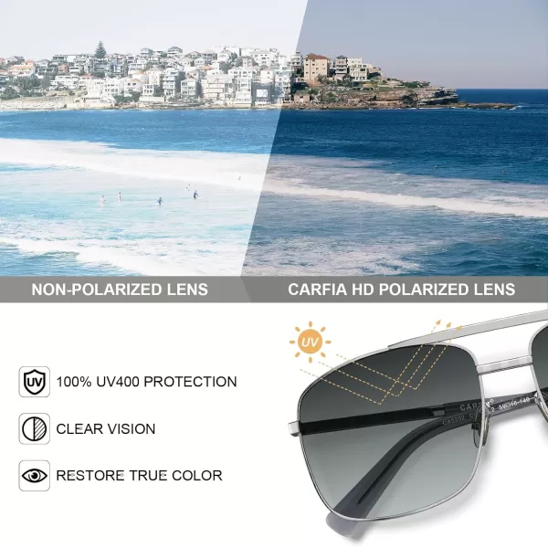 CARFIA Pilot Polarized Sunglasses for Men UV Protection Classic Double Bridge AntiGlare Driving Shades with Spring HingesB Glossy Silver Frame  Grey Lens