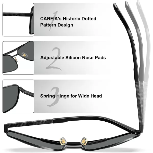 CARFIA Pilot Polarized Sunglasses for Men UV Protection Classic Double Bridge AntiGlare Driving Shades with Spring HingesD Glossy Black Frame  Grey Lens