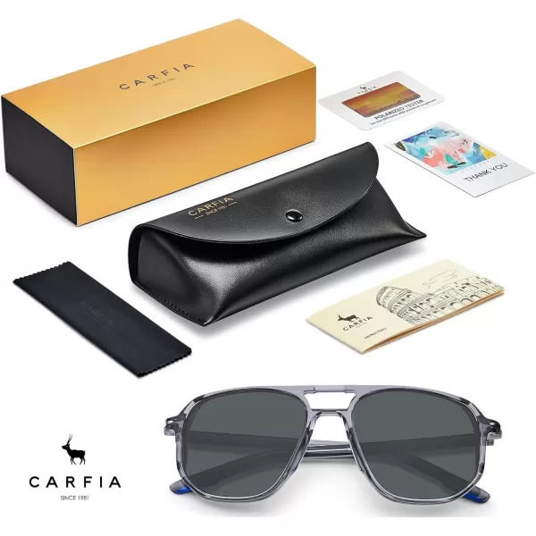 CARFIA Polarized Sunglasses for Men Handcrafted Acetate Frame Sun glasses Fashion Retro Polygon ShadesTransparent Grey Frame Grey Lens