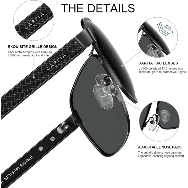 CARFIA Polarized Sunglasses for Men UV400 Protection Durable Acetate Temple Metal Frame Driving Fishing Glasses CA53971  Matte Black Frame Grey Lens