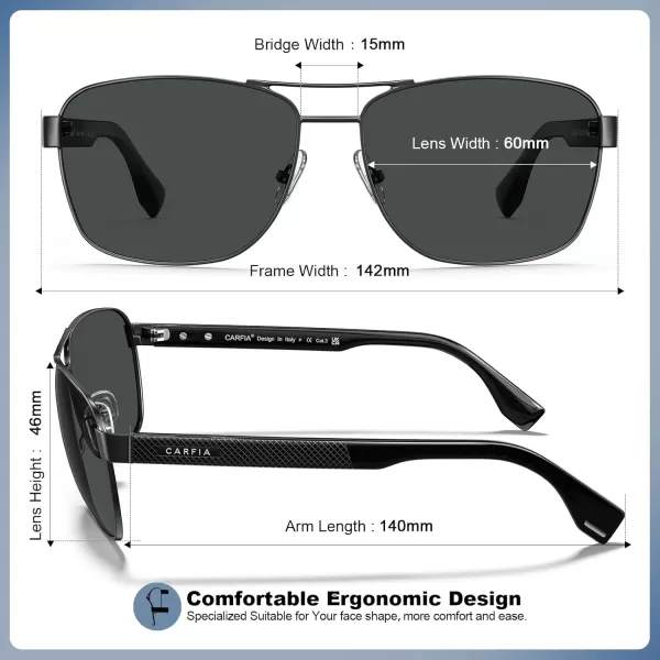 CARFIA Polarized Sunglasses for Men UV400 Protection Durable Acetate Temple Metal Frame Driving Fishing Glasses CA53971  Matte Black Frame Grey Lens