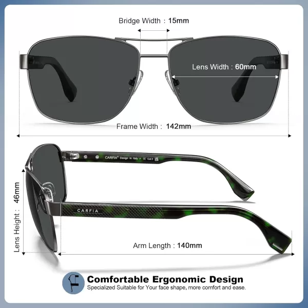 CARFIA Polarized Sunglasses for Men UV400 Protection Durable Acetate Temple Metal Frame Driving Fishing Glasses CA53972  Polished Gun Frame Grey Lens