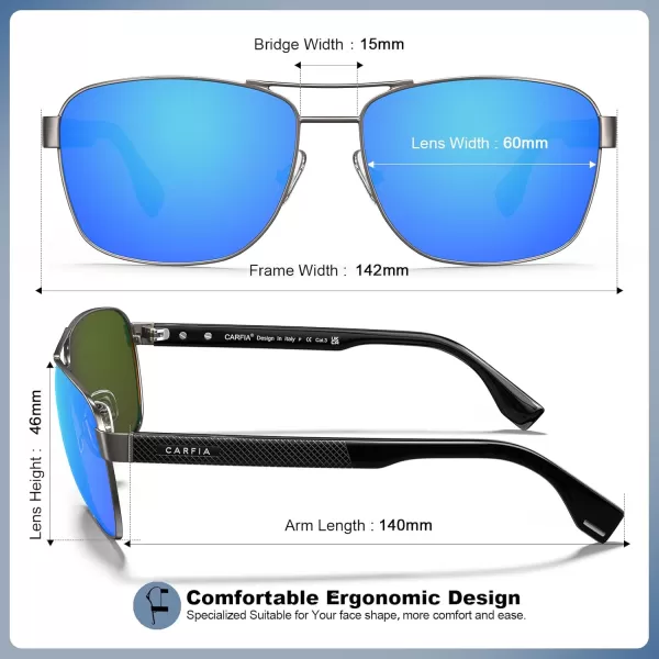 CARFIA Polarized Sunglasses for Men UV400 Protection Durable Acetate Temple Metal Frame Driving Fishing Glasses CA53974  Matte Gun Frame Ice Blue Mirror