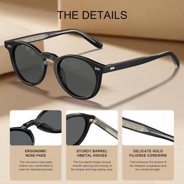 CARFIA Retro Acetate Polarized Sunglasses for Men UV Protection Vintage Round Frame Eyewear with Gold Filigree CA5506A Black Acetate Frame  Grey Lens
