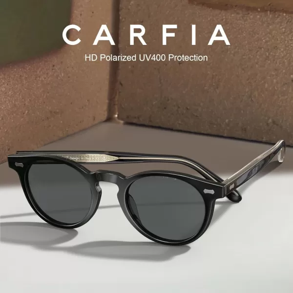 CARFIA Retro Acetate Polarized Sunglasses for Men UV Protection Vintage Round Frame Eyewear with Gold Filigree CA5506A Black Acetate Frame  Grey Lens