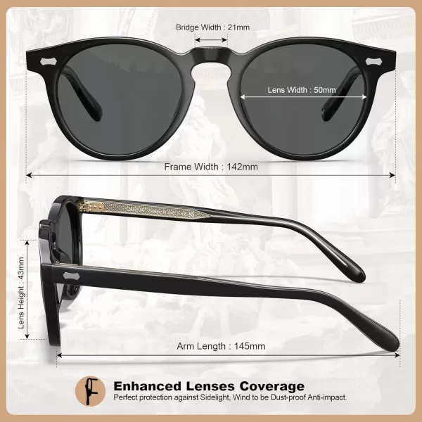 CARFIA Retro Acetate Polarized Sunglasses for Men UV Protection Vintage Round Frame Eyewear with Gold Filigree CA5506A Black Acetate Frame  Grey Lens