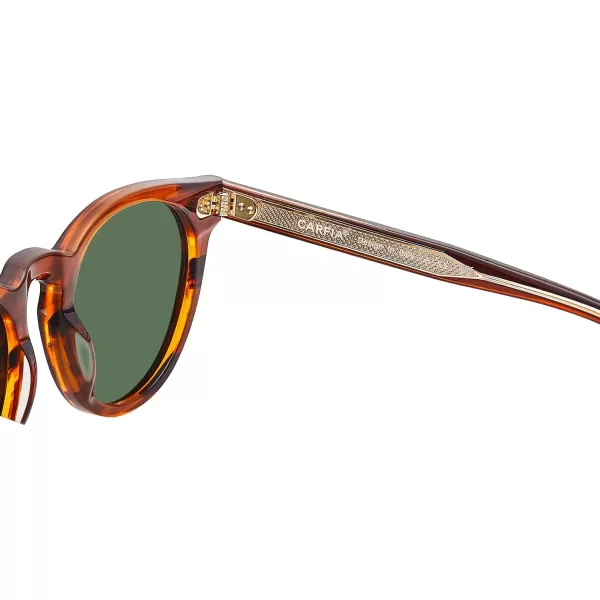 CARFIA Retro Acetate Polarized Sunglasses for Men UV Protection Vintage Round Frame Eyewear with Gold Filigree CA5506B Striped Brown Frame  Green Lens