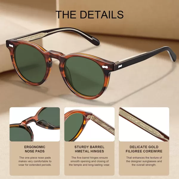 CARFIA Retro Acetate Polarized Sunglasses for Men UV Protection Vintage Round Frame Eyewear with Gold Filigree CA5506B Striped Brown Frame  Green Lens