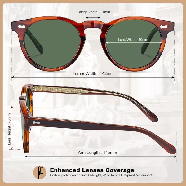 CARFIA Retro Acetate Polarized Sunglasses for Men UV Protection Vintage Round Frame Eyewear with Gold Filigree CA5506B Striped Brown Frame  Green Lens