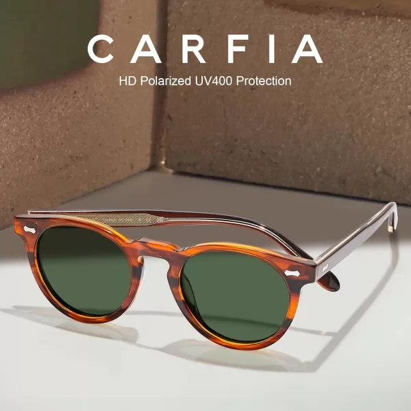 CARFIA Retro Acetate Polarized Sunglasses for Men UV Protection Vintage Round Frame Eyewear with Gold Filigree CA5506B Striped Brown Frame  Green Lens