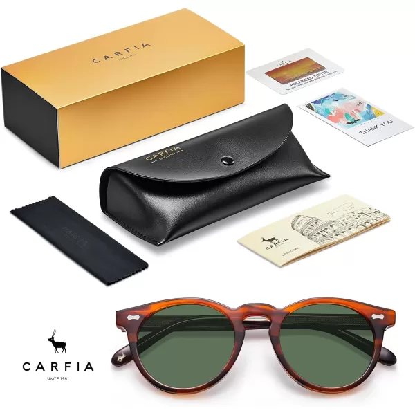 CARFIA Retro Acetate Polarized Sunglasses for Men UV Protection Vintage Round Frame Eyewear with Gold Filigree CA5506B Striped Brown Frame  Green Lens