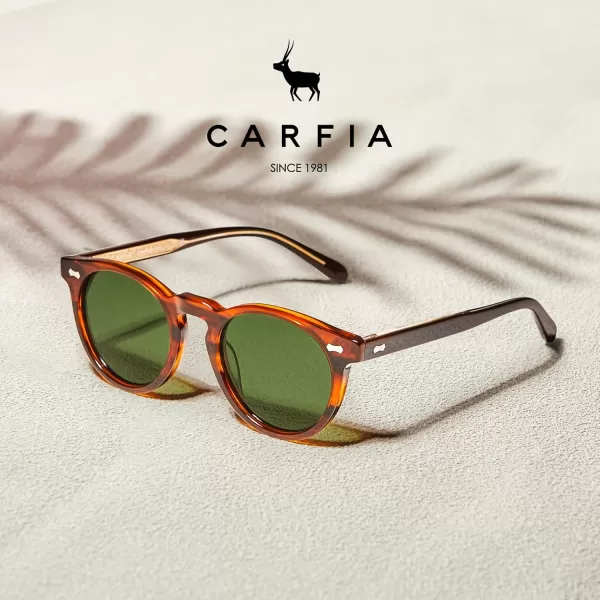CARFIA Retro Acetate Polarized Sunglasses for Men UV Protection Vintage Round Frame Eyewear with Gold Filigree CA5506B Striped Brown Frame  Green Lens