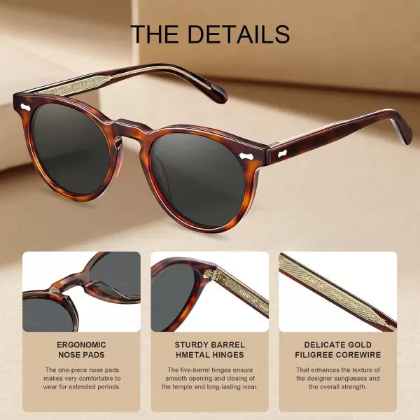 CARFIA Retro Acetate Polarized Sunglasses for Men UV Protection Vintage Round Frame Eyewear with Gold Filigree CA5506C Brown Tortoiseshell Frame  Grey Lens