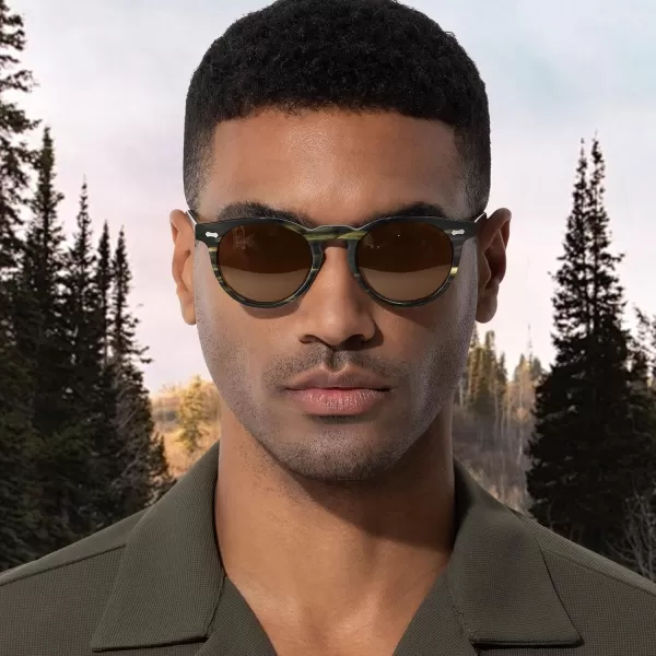 CARFIA Retro Acetate Polarized Sunglasses for Men UV Protection Vintage Round Frame Eyewear with Gold Filigree CA5506D Black and Green Floral Frame  Brown Lens