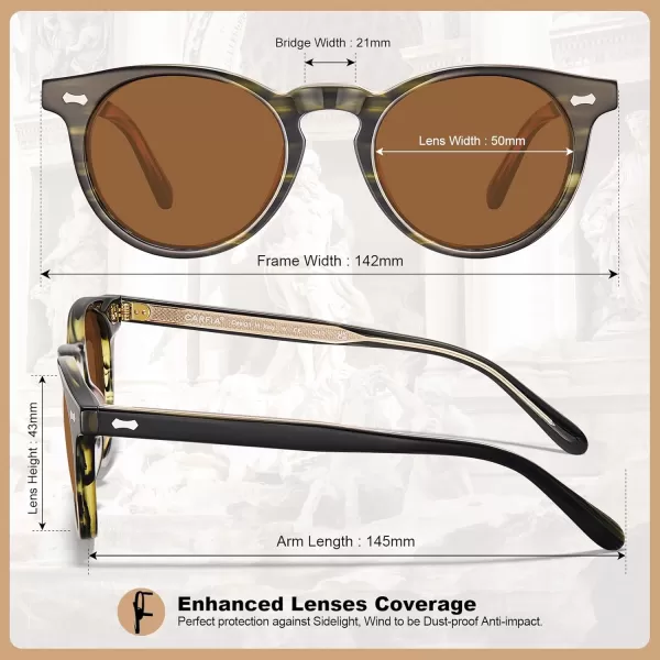 CARFIA Retro Acetate Polarized Sunglasses for Men UV Protection Vintage Round Frame Eyewear with Gold Filigree CA5506D Black and Green Floral Frame  Brown Lens