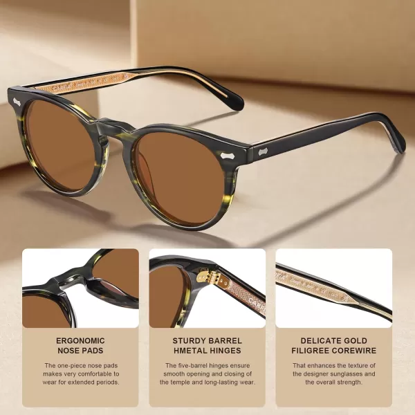 CARFIA Retro Acetate Polarized Sunglasses for Men UV Protection Vintage Round Frame Eyewear with Gold Filigree CA5506D Black and Green Floral Frame  Brown Lens