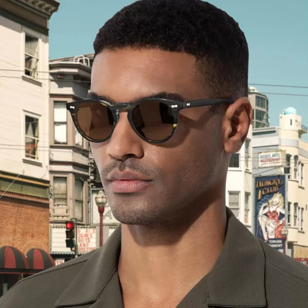 CARFIA Retro Acetate Polarized Sunglasses for Men UV Protection Vintage Round Frame Eyewear with Gold Filigree CA5506D Black and Green Floral Frame  Brown Lens