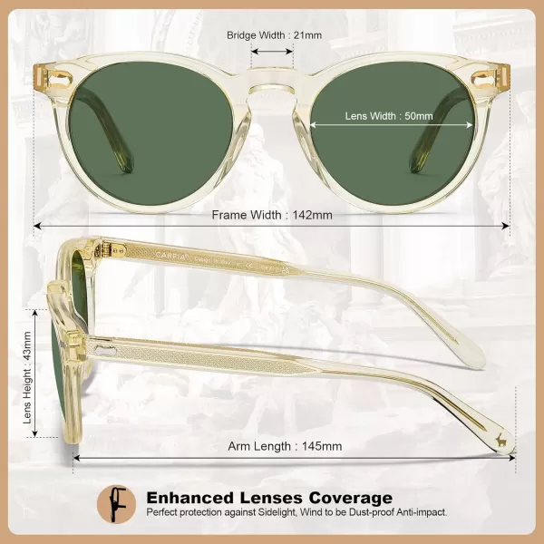CARFIA Retro Acetate Polarized Sunglasses for Men UV Protection Vintage Round Frame Eyewear with Gold Filigree CA5506E Clear Yellow Frame  Green Lens