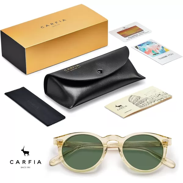 CARFIA Retro Acetate Polarized Sunglasses for Men UV Protection Vintage Round Frame Eyewear with Gold Filigree CA5506E Clear Yellow Frame  Green Lens