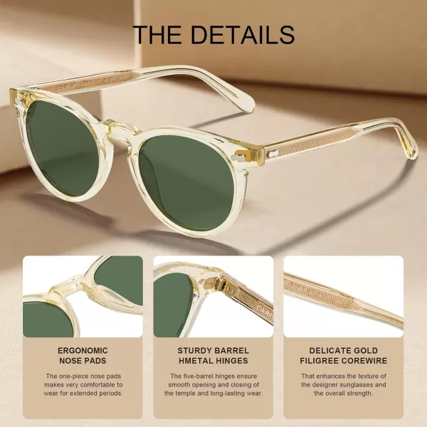 CARFIA Retro Acetate Polarized Sunglasses for Men UV Protection Vintage Round Frame Eyewear with Gold Filigree CA5506E Clear Yellow Frame  Green Lens