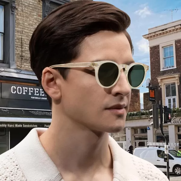 CARFIA Retro Acetate Polarized Sunglasses for Men UV Protection Vintage Round Frame Eyewear with Gold Filigree CA5506E Clear Yellow Frame  Green Lens