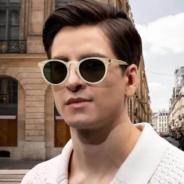 CARFIA Retro Acetate Polarized Sunglasses for Men UV Protection Vintage Round Frame Eyewear with Gold Filigree CA5506E Clear Yellow Frame  Green Lens