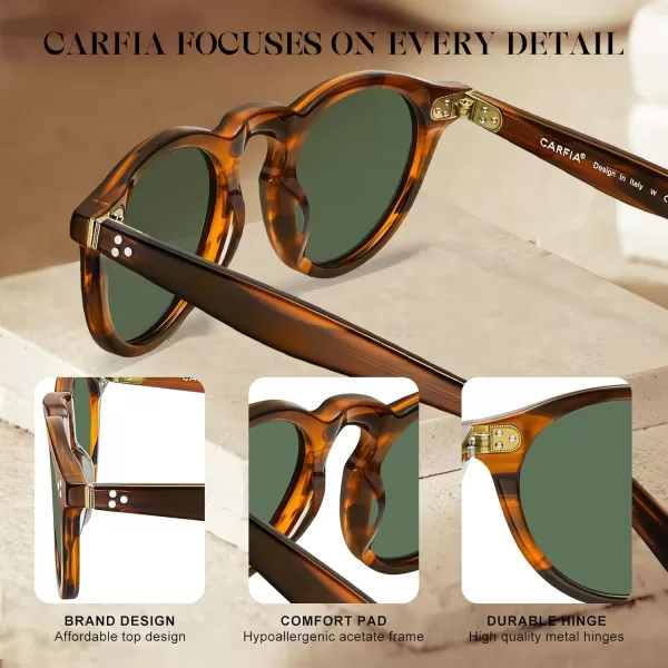 CARFIA Retro Mens Sunglasses Polarized UV400 Protection Small Round Acetate Italian Luxury Style Driving Shades1striped Frame Green Lens