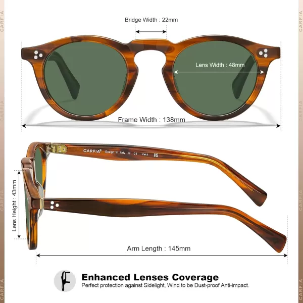 CARFIA Retro Mens Sunglasses Polarized UV400 Protection Small Round Acetate Italian Luxury Style Driving Shades1striped Frame Green Lens