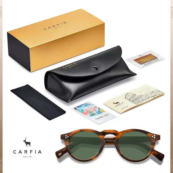 CARFIA Retro Mens Sunglasses Polarized UV400 Protection Small Round Acetate Italian Luxury Style Driving Shades1striped Frame Green Lens