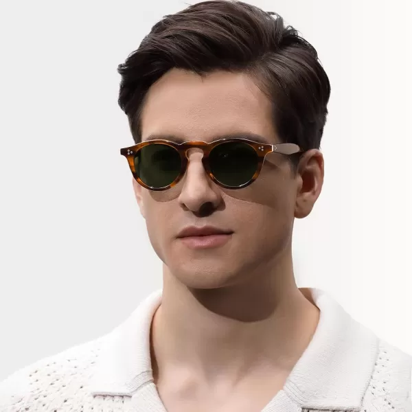 CARFIA Retro Mens Sunglasses Polarized UV400 Protection Small Round Acetate Italian Luxury Style Driving Shades1striped Frame Green Lens