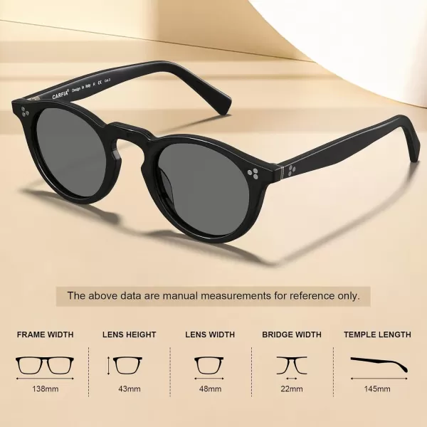 CARFIA Retro Mens Sunglasses Polarized UV400 Protection Small Round Acetate Italian Luxury Style Driving Shades3black Frame Gray Lens
