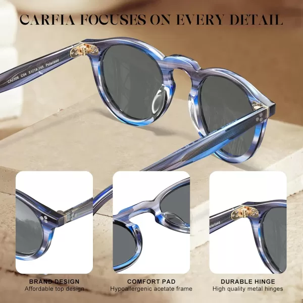 CARFIA Retro Mens Sunglasses Polarized UV400 Protection Small Round Acetate Italian Luxury Style Driving Shades7striped Frame Gray Lens