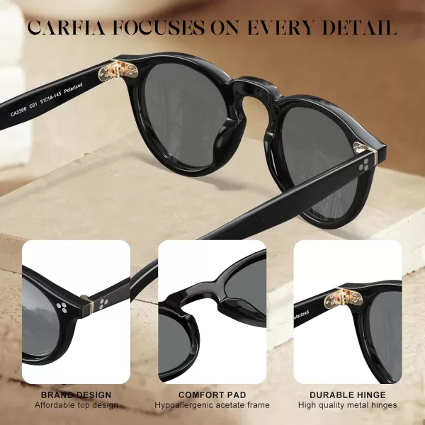 CARFIA Retro Mens Sunglasses Polarized UV400 Protection Small Round Acetate Italian Luxury Style Driving ShadesBlack Frame Gray Lens