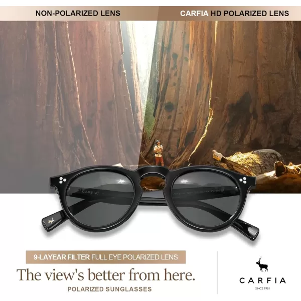 CARFIA Retro Mens Sunglasses Polarized UV400 Protection Small Round Acetate Italian Luxury Style Driving ShadesBlack Frame Gray Lens