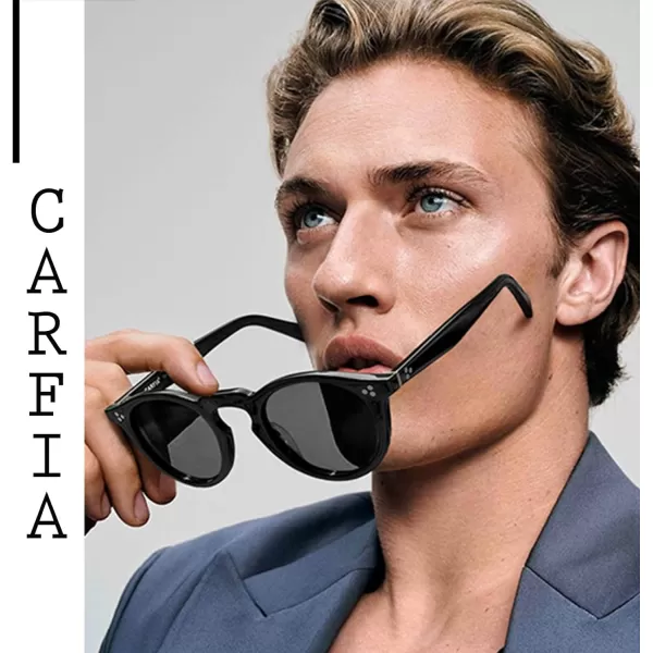 CARFIA Retro Mens Sunglasses Polarized UV400 Protection Small Round Acetate Italian Luxury Style Driving ShadesBlack Frame Gray Lens
