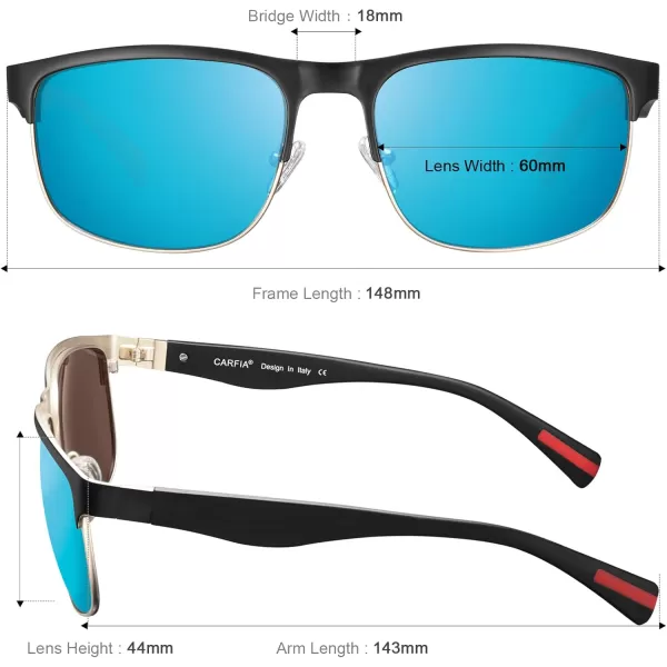 CARFIA Retro Polarized Sunglasses for Men UV Protection Fashion Cool Driving Sun Glasses Metal Square Frame CA5376B4 Black Gold Frame Blue Mirror