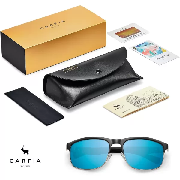 CARFIA Retro Polarized Sunglasses for Men UV Protection Fashion Cool Driving Sun Glasses Metal Square Frame CA5376B4 Black Gold Frame Blue Mirror