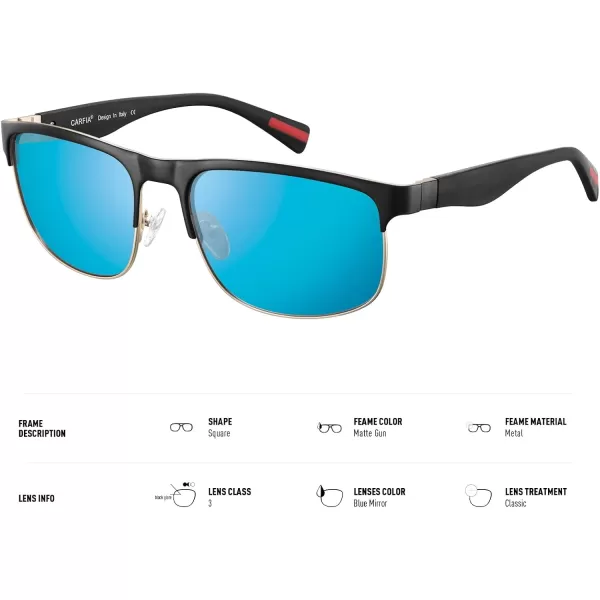 CARFIA Retro Polarized Sunglasses for Men UV Protection Fashion Cool Driving Sun Glasses Metal Square Frame CA5376B4 Black Gold Frame Blue Mirror