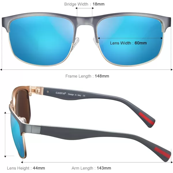 CARFIA Retro Polarized Sunglasses for Men UV Protection Fashion Cool Driving Sun Glasses Metal Square Frame CA5376B6 Gun Gold Frame Blue Mirror
